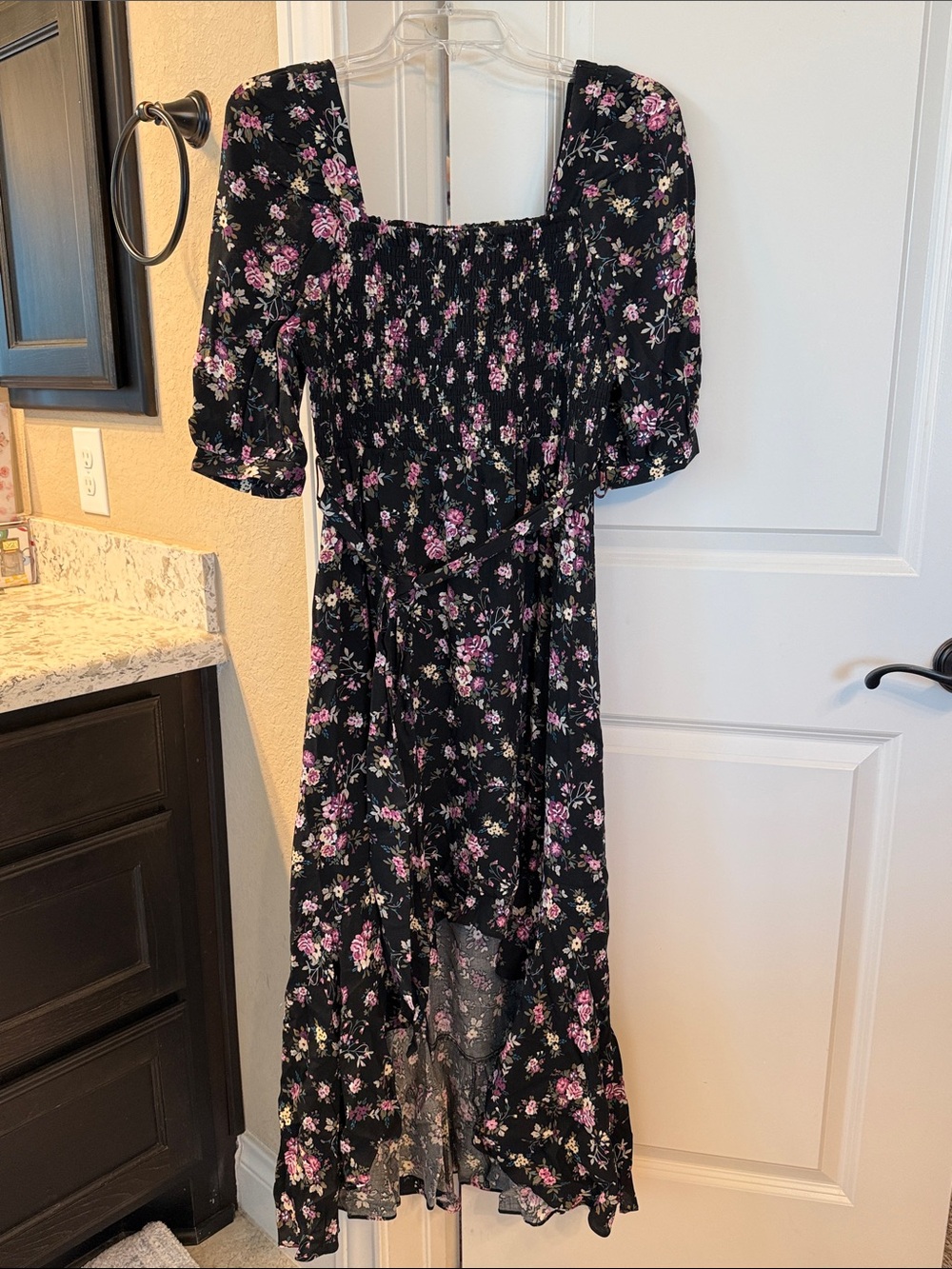 Melrose and Market black floral maxi dress short sleeve wedding guest smocked